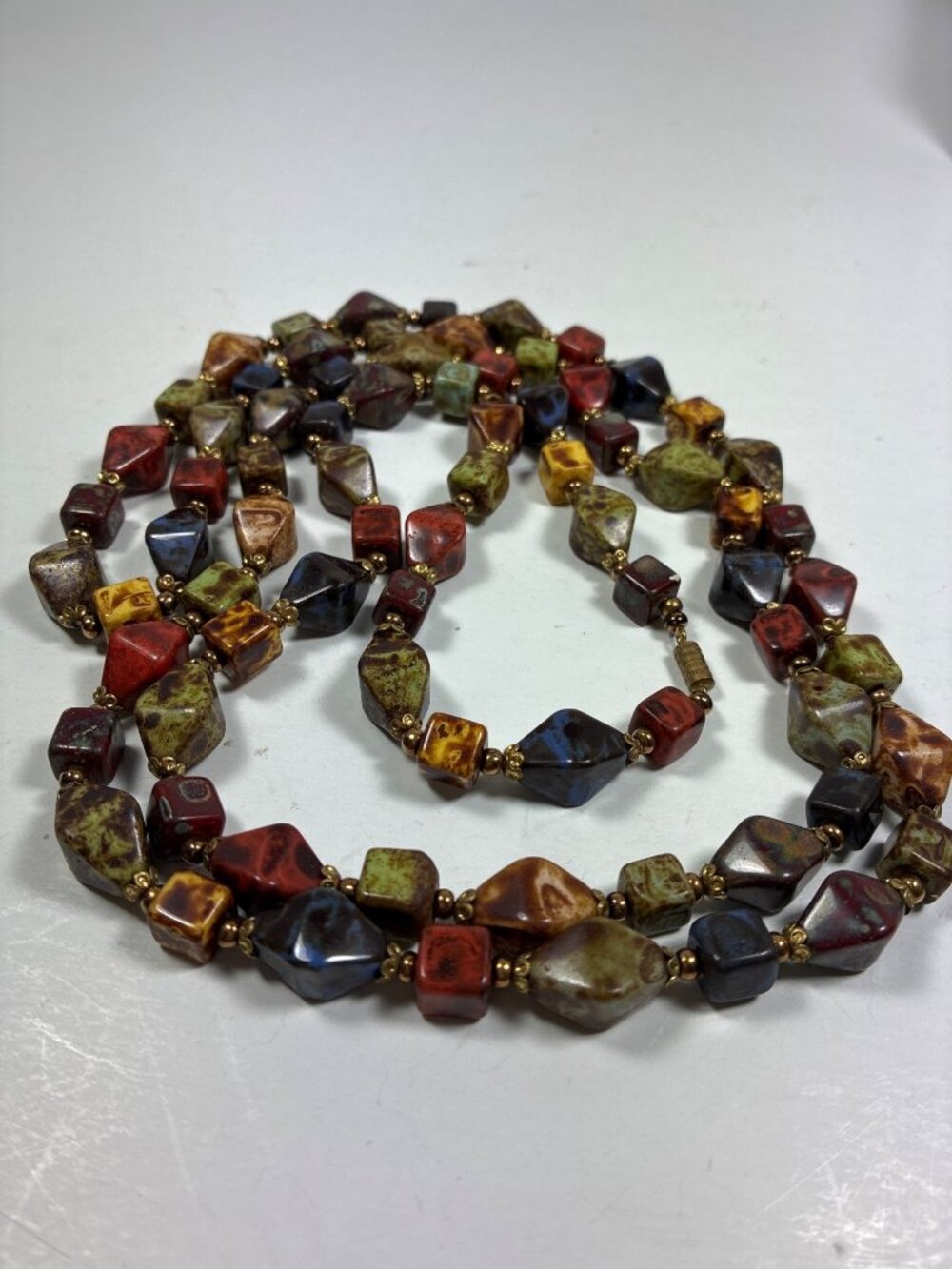 Vintage Long Stone Bead Necklace 46 Inch Earth Tone Boho Jewelry - Picture 6 of 7